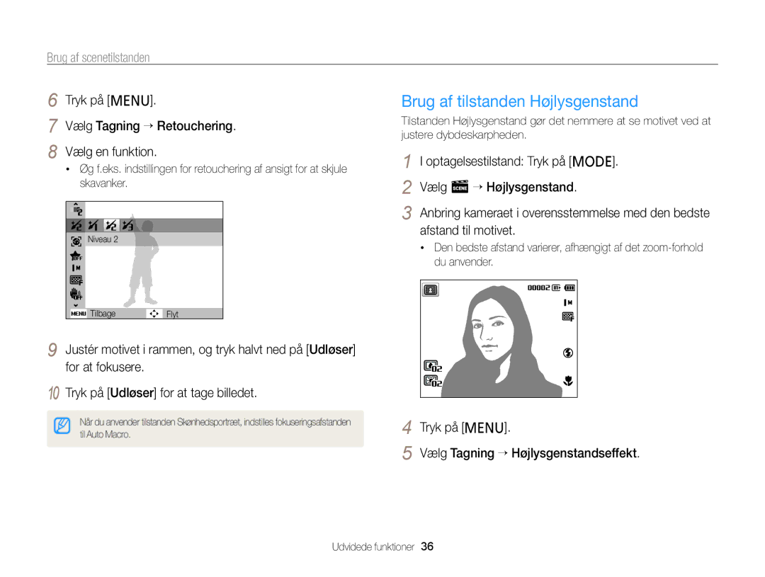 Samsung EC-PL120ZBPBE2 manual Brug af tilstanden Højlysgenstand, Tryk på m Vælg Tagning “ Retouchering Vælg en funktion 