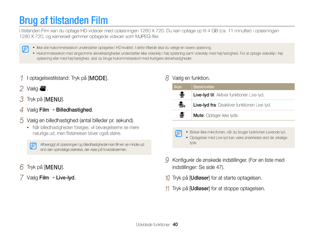 Samsung EC-PL210ZBPPE2 manual Brug af tilstanden Film, Live-lyd til Aktiver funktionen Live-lyd, Mute Optager ikke lyde 