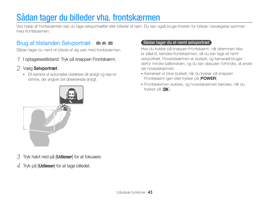 Samsung EC-PL210ZBPBE2, EC-PL120ZBPSE2 Sådan tager du billeder vha. frontskærmen, Brug af tilstanden Selvportræt S p s 