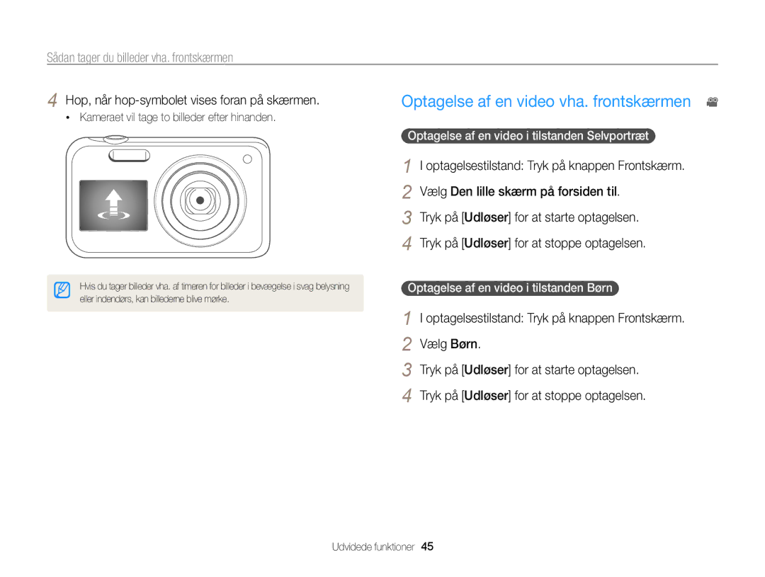 Samsung EC-PL20ZZBPBE2 manual Optagelse af en video vha. frontskærmen, Hop, når hop-symbolet vises foran på skærmen 