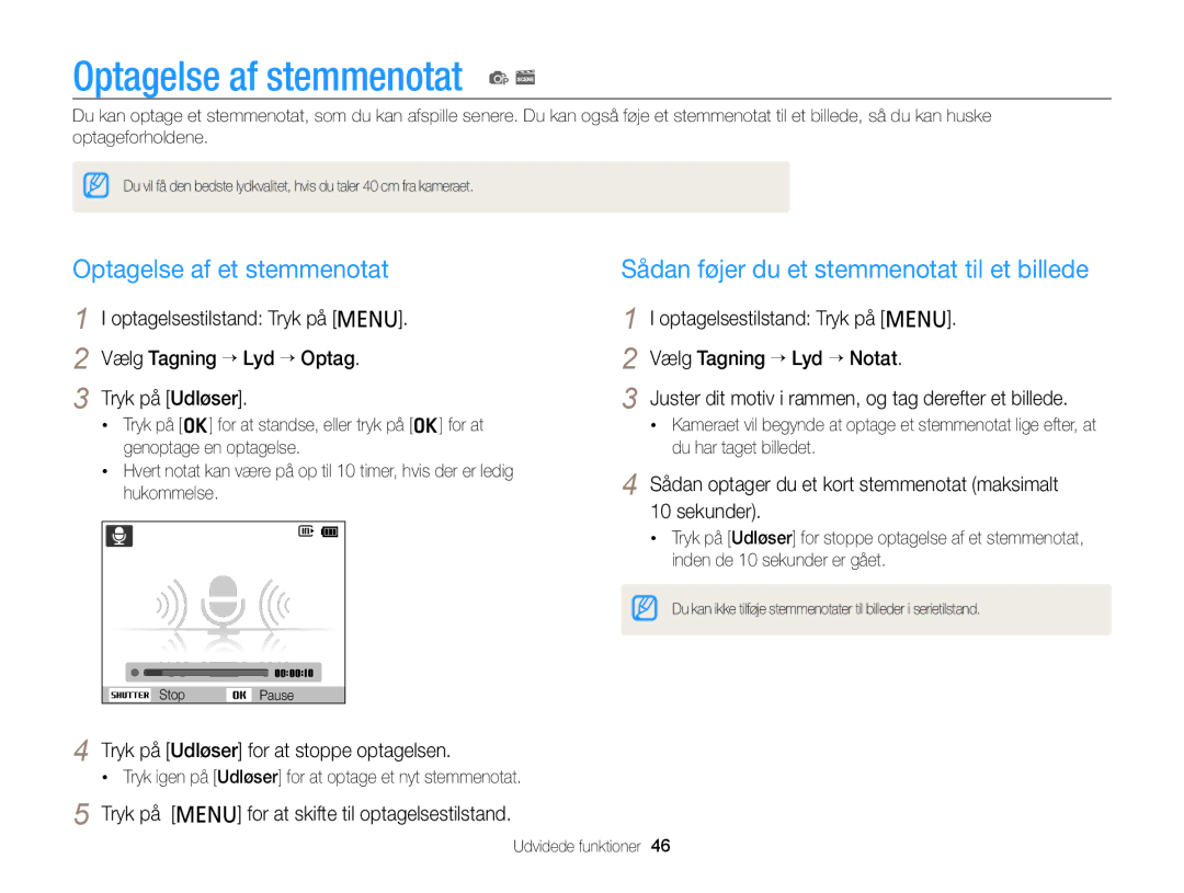 Samsung EC-PL120ZFPLE2, EC-PL120ZBPSE2, EC-PL20ZZBPSE2 manual Optagelse af stemmenotat p s, Optagelse af et stemmenotat 