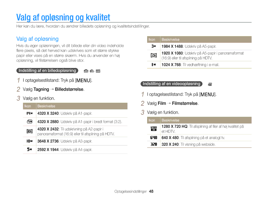 Samsung EC-PL120ZFPBE2, EC-PL120ZBPSE2 Valg af opløsning og kvalitet, Indstilling af en billedopløsning Ikon Beskrivelse 