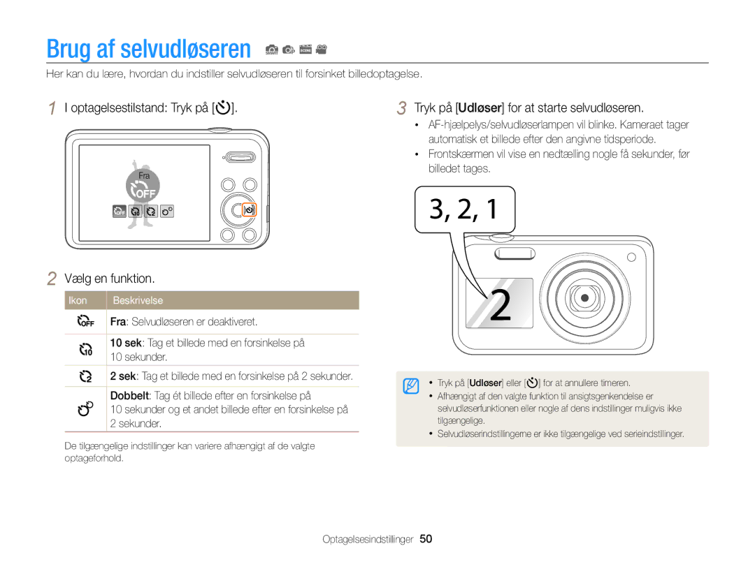 Samsung EC-PL20ZZBPRE2, EC-PL120ZBPSE2, EC-PL20ZZBPSE2 manual Brug af selvudløseren S p s, Optagelsestilstand Tryk på t 