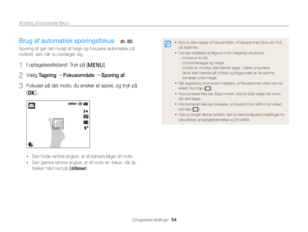 Samsung EC-PL120ZBPLE2, EC-PL120ZBPSE2, EC-PL20ZZBPSE2 Brug af automatisk sporingsfokus p s, Ændring af kameraets fokus 