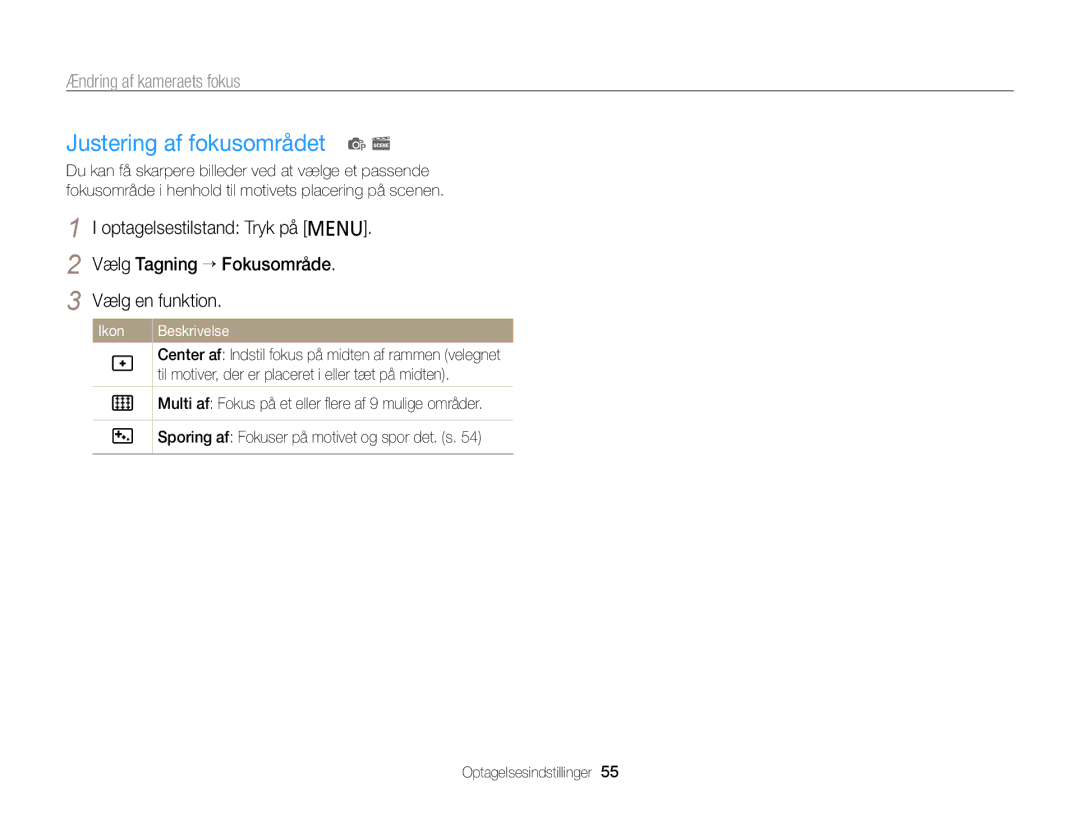 Samsung EC-PL120ZFPSE2, EC-PL120ZBPSE2, EC-PL20ZZBPSE2, EC-PL210ZBPPE2, EC-PL120ZBPLE2 manual Justering af fokusområdet p s 