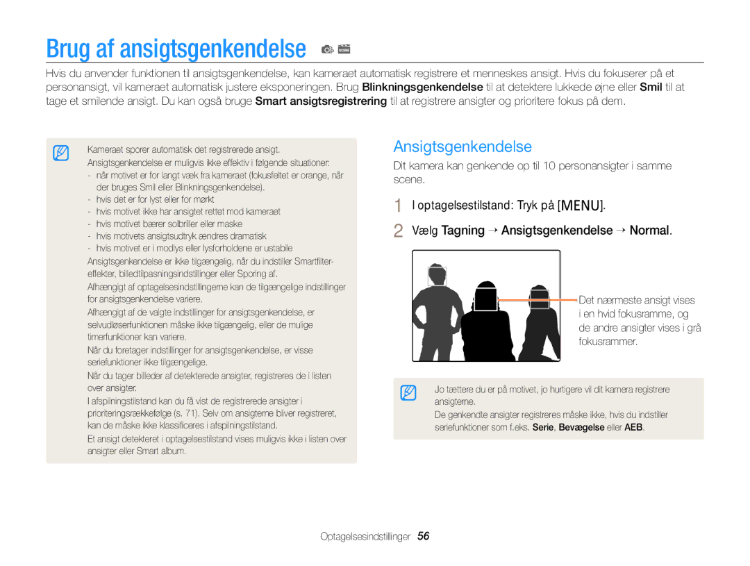 Samsung EC-PL210ZBPBE2, EC-PL120ZBPSE2, EC-PL20ZZBPSE2, EC-PL210ZBPPE2 Brug af ansigtsgenkendelse p s, Ansigtsgenkendelse 