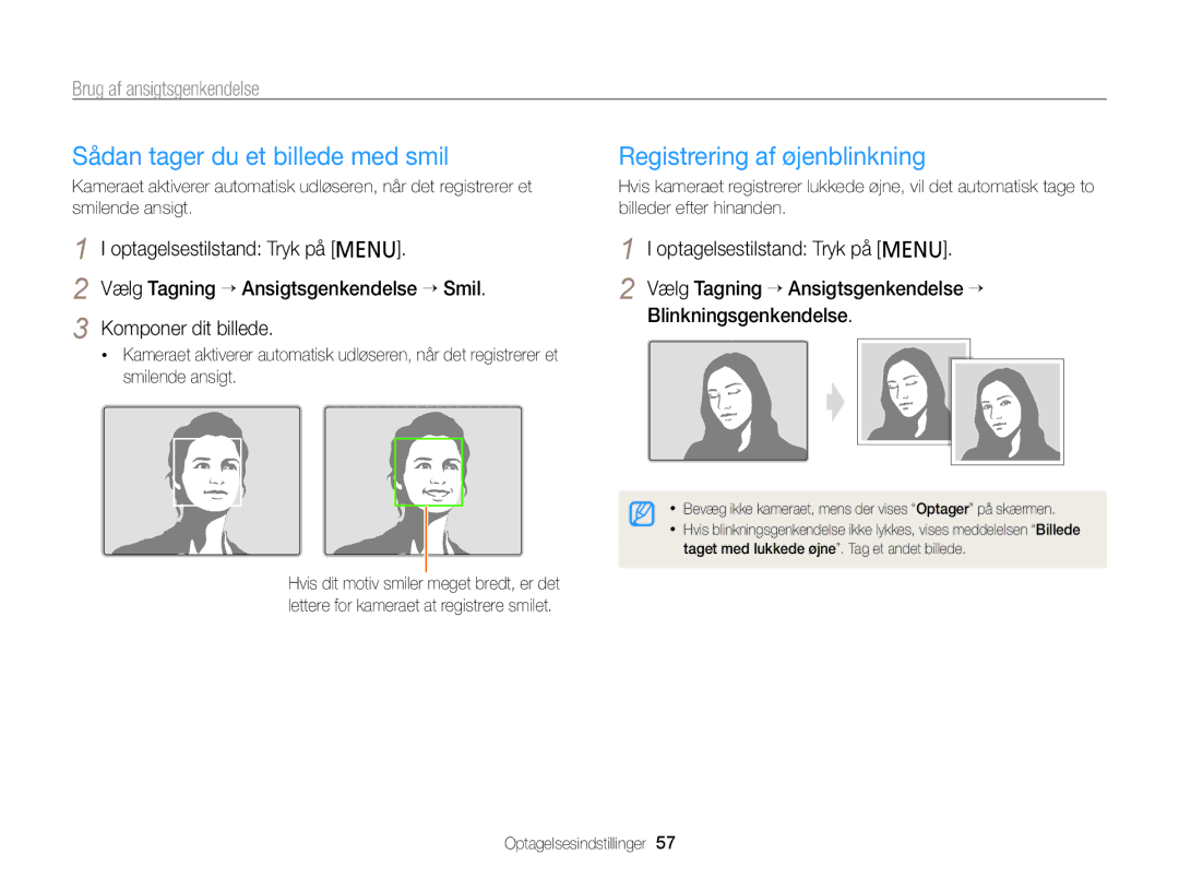 Samsung EC-PL20ZZBPPE2 manual Sådan tager du et billede med smil, Registrering af øjenblinkning, Brug af ansigtsgenkendelse 