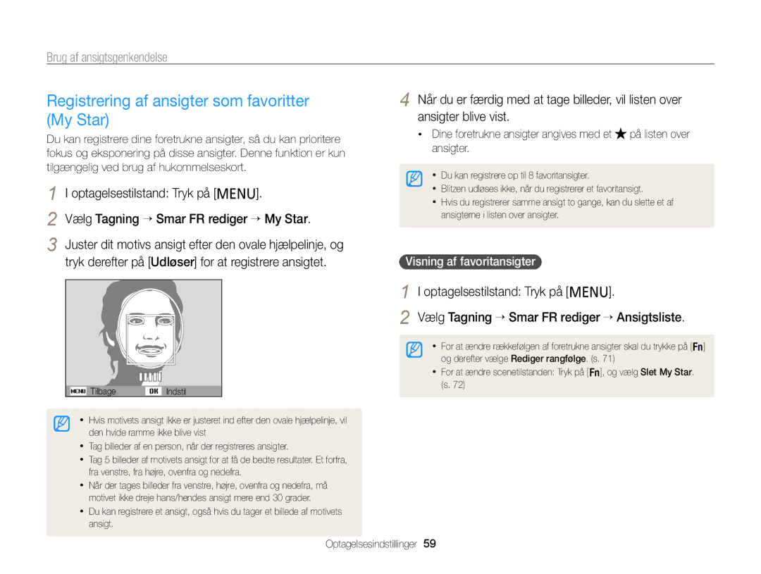 Samsung EC-PL120ZFPLE2, EC-PL120ZBPSE2 manual Registrering af ansigter som favoritter My Star, Visning af favoritansigter 