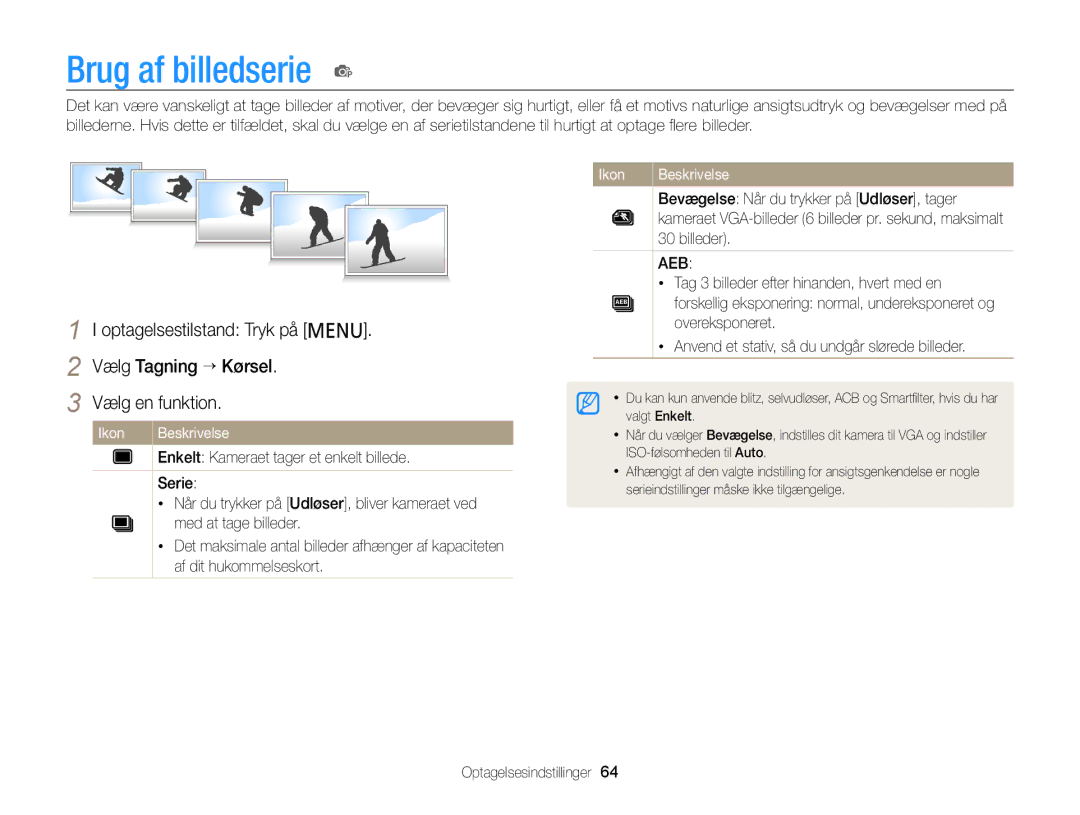 Samsung EC-PL120ZBPSE2, EC-PL20ZZBPSE2 manual Brug af billedserie p, Bevægelse Når du trykker på Udløser, tager, Billeder 