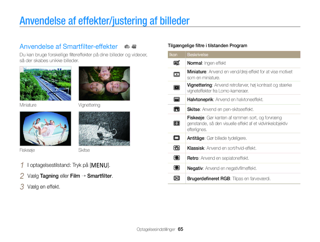 Samsung EC-PL20ZZBPSE2, EC-PL120ZBPSE2 Anvendelse af effekter/justering af billeder, Anvendelse af Smartﬁlter-effekter p 