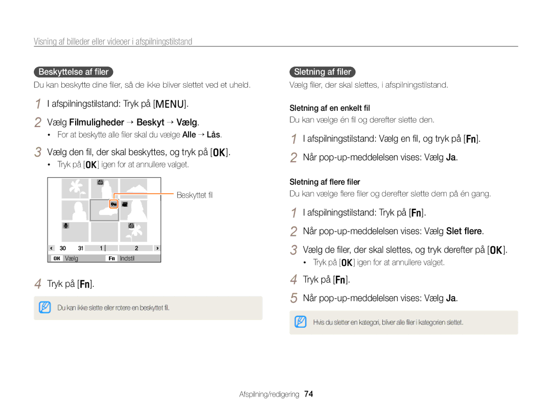 Samsung EC-PL120ZFPBE2 manual Vælg den ﬁl, der skal beskyttes, og tryk på o, Tryk på f Når pop-up-meddelelsen vises Vælg Ja 