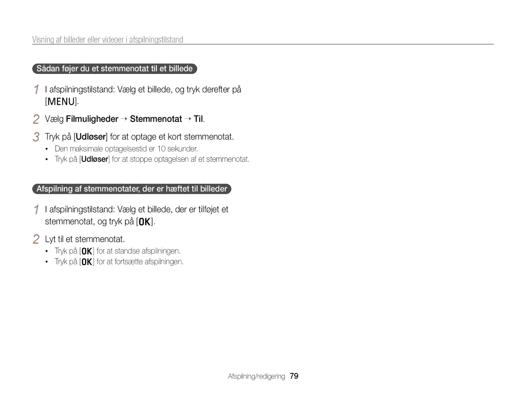 Samsung EC-PL210ZBPPE2, EC-PL120ZBPSE2, EC-PL20ZZBPSE2, EC-PL120ZBPLE2 manual Sådan føjer du et stemmenotat til et billede 