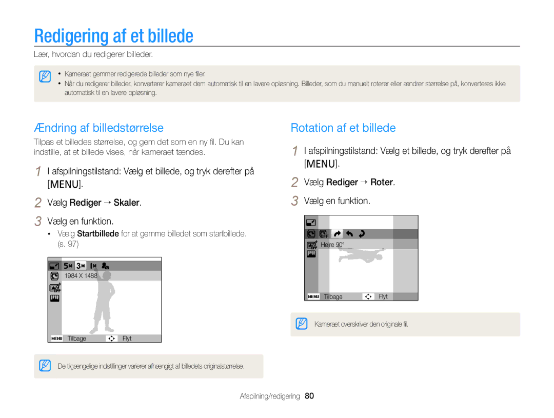 Samsung EC-PL120ZBPLE2, EC-PL120ZBPSE2 manual Redigering af et billede, Ændring af billedstørrelse, Rotation af et billede 