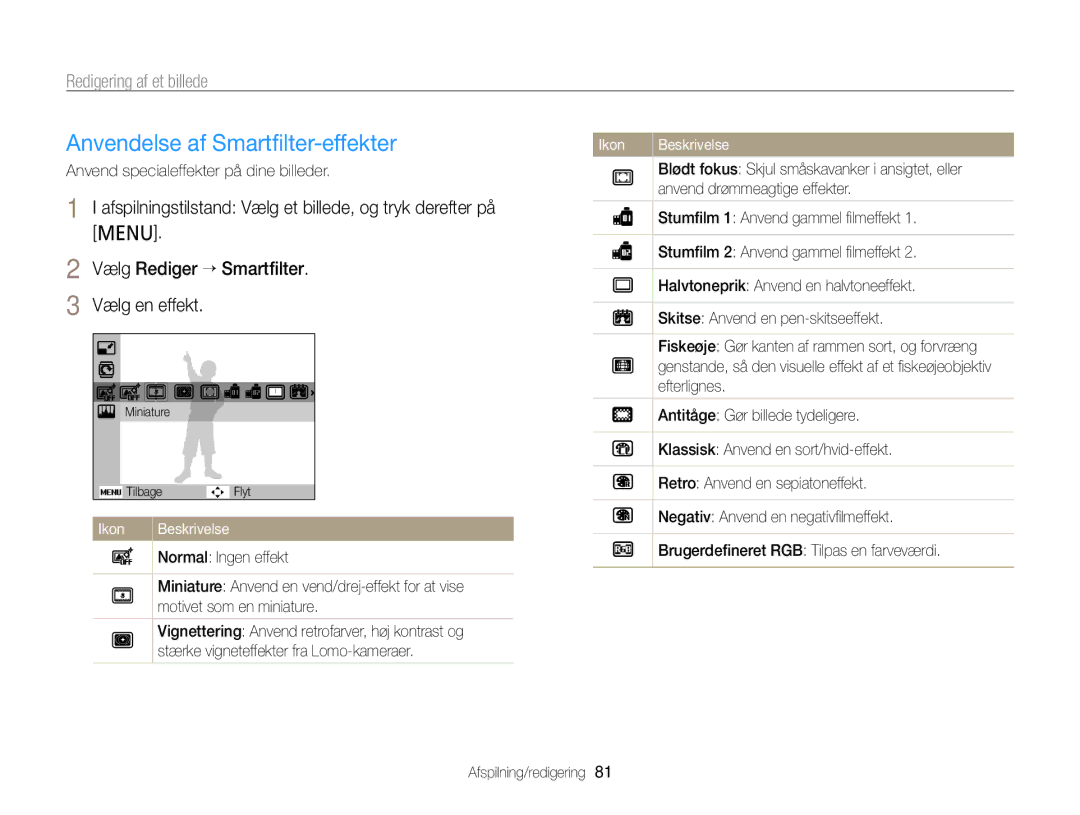 Samsung EC-PL120ZFPSE2 manual Anvendelse af Smartﬁlter-effekter, Redigering af et billede, Vælg Rediger “ Smartﬁlter 