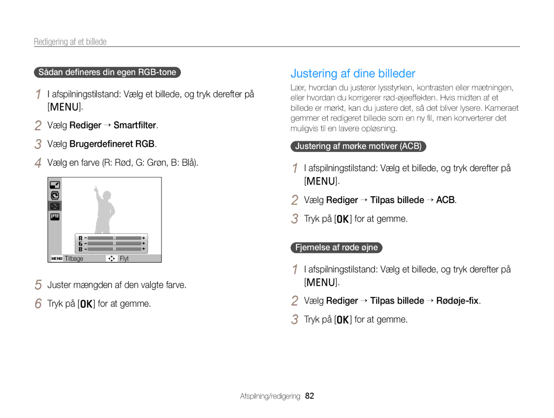 Samsung EC-PL210ZBPBE2 manual Justering af dine billeder, Juster mængden af den valgte farve Tryk på o for at gemme 