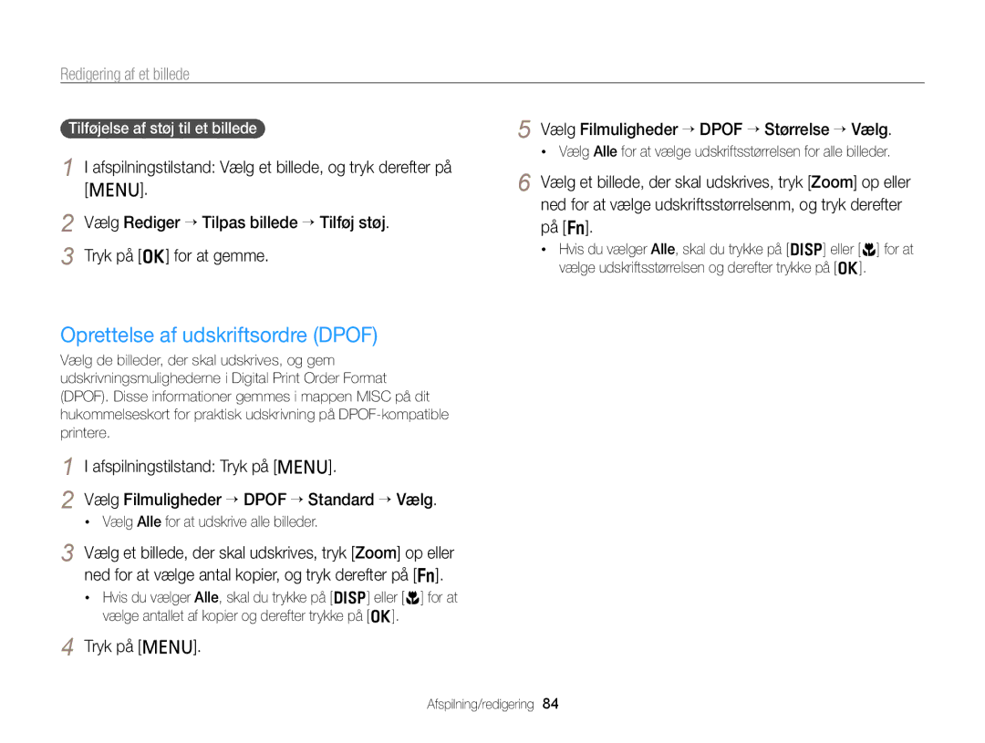 Samsung EC-PL20ZZBPBE2 manual Oprettelse af udskriftsordre Dpof, Tryk på m Vælg Filmuligheder “ Dpof “ Størrelse “ Vælg 