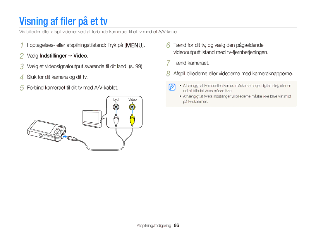 Samsung EC-PL120ZBPPE2, EC-PL120ZBPSE2, EC-PL20ZZBPSE2, EC-PL210ZBPPE2, EC-PL120ZBPLE2 manual Visning af ﬁler på et tv 