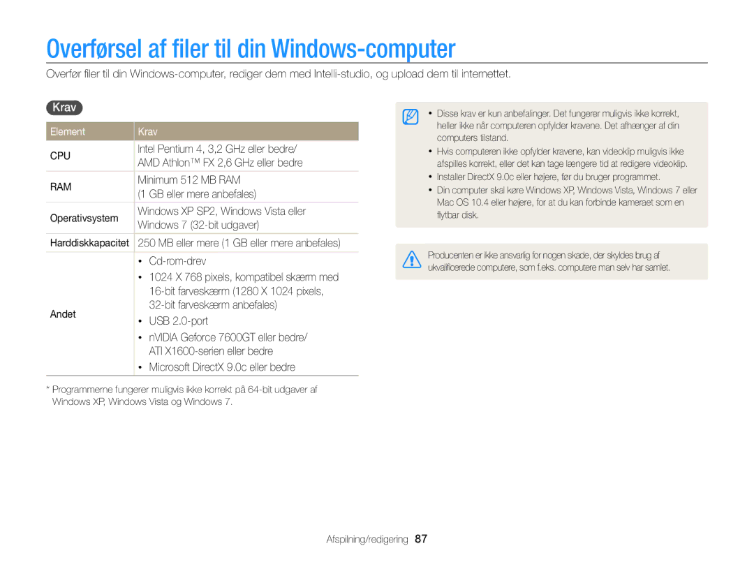 Samsung EC-PL120ZFPBE2, EC-PL120ZBPSE2, EC-PL20ZZBPSE2 manual Overførsel af ﬁler til din Windows-computer, Element Krav 