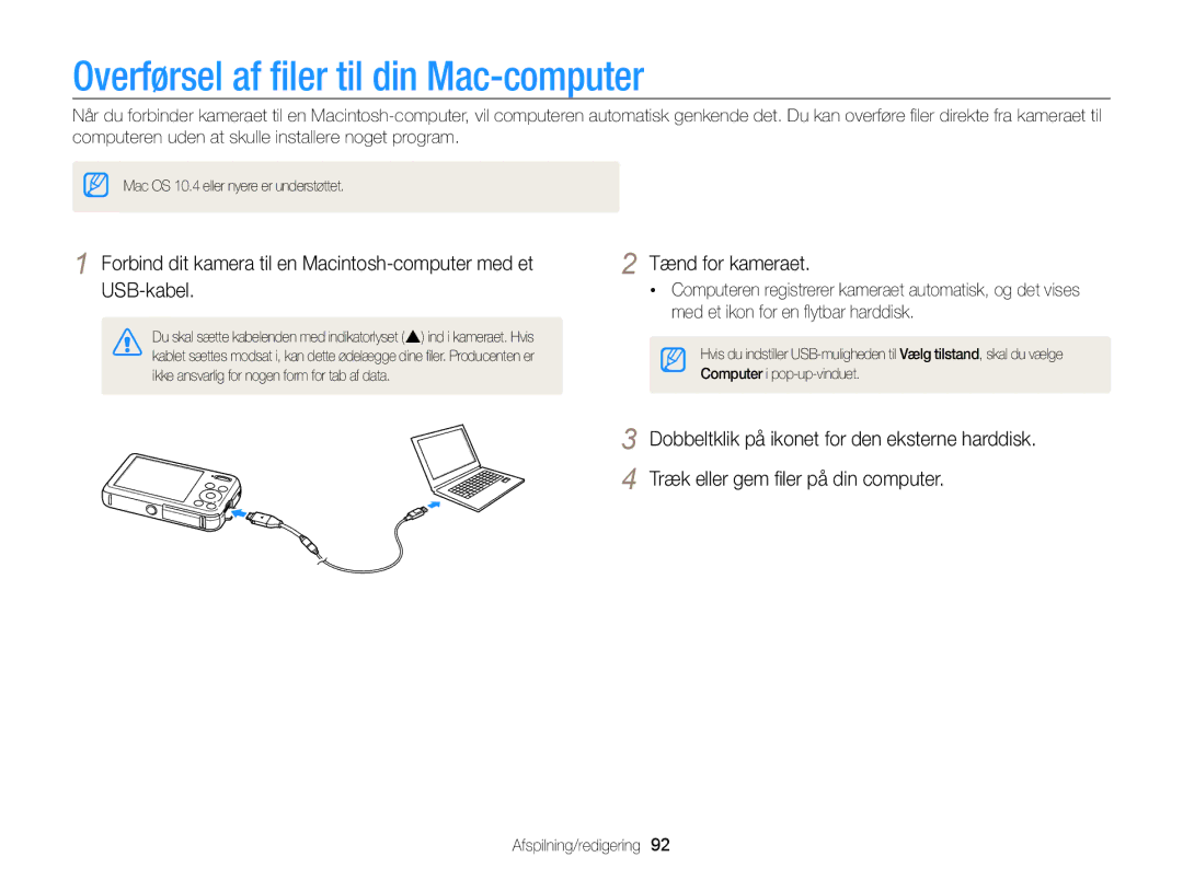 Samsung EC-PL210ZBPPE2 manual Overførsel af ﬁler til din Mac-computer, Dobbeltklik på ikonet for den eksterne harddisk 