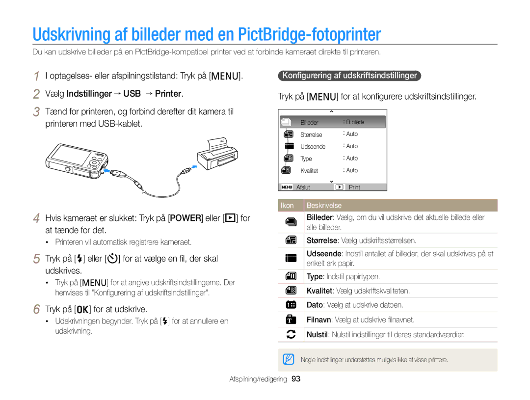 Samsung EC-PL120ZBPLE2, EC-PL120ZBPSE2 Udskrivning af billeder med en PictBridge-fotoprinter, Tryk på o for at udskrive 