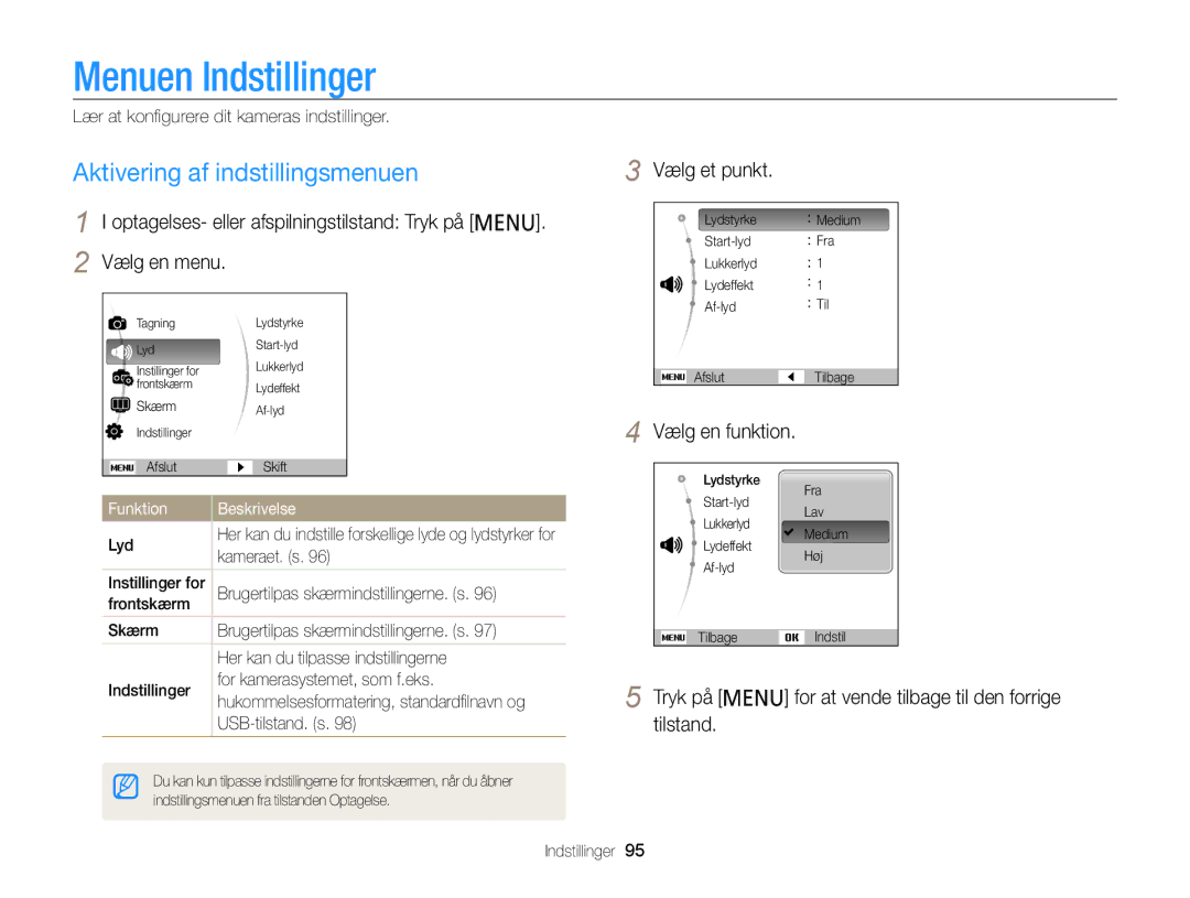 Samsung EC-PL210ZBPBE2, EC-PL120ZBPSE2 manual Menuen Indstillinger, Aktivering af indstillingsmenuen, Vælg et punkt 