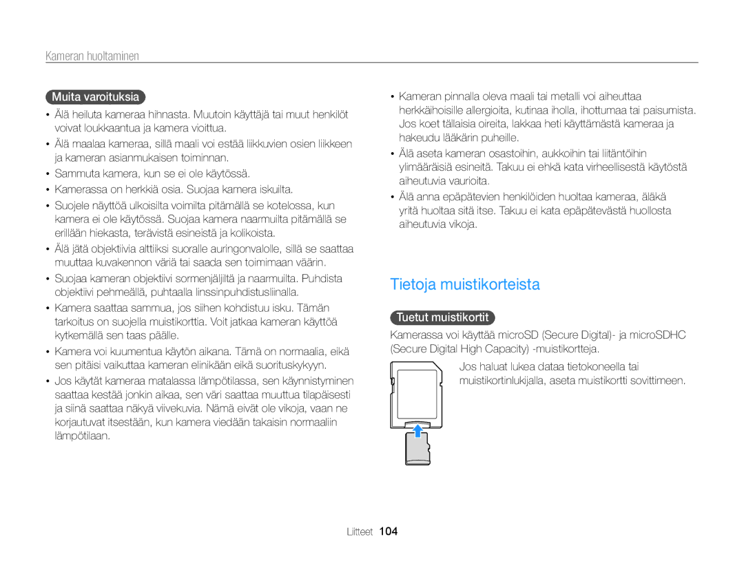 Samsung EC-PL20ZZBPSE2, EC-PL120ZBPSE2, EC-PL210ZBPPE2 manual Tietoja muistikorteista, Muita varoituksia, Tuetut muistikortit 