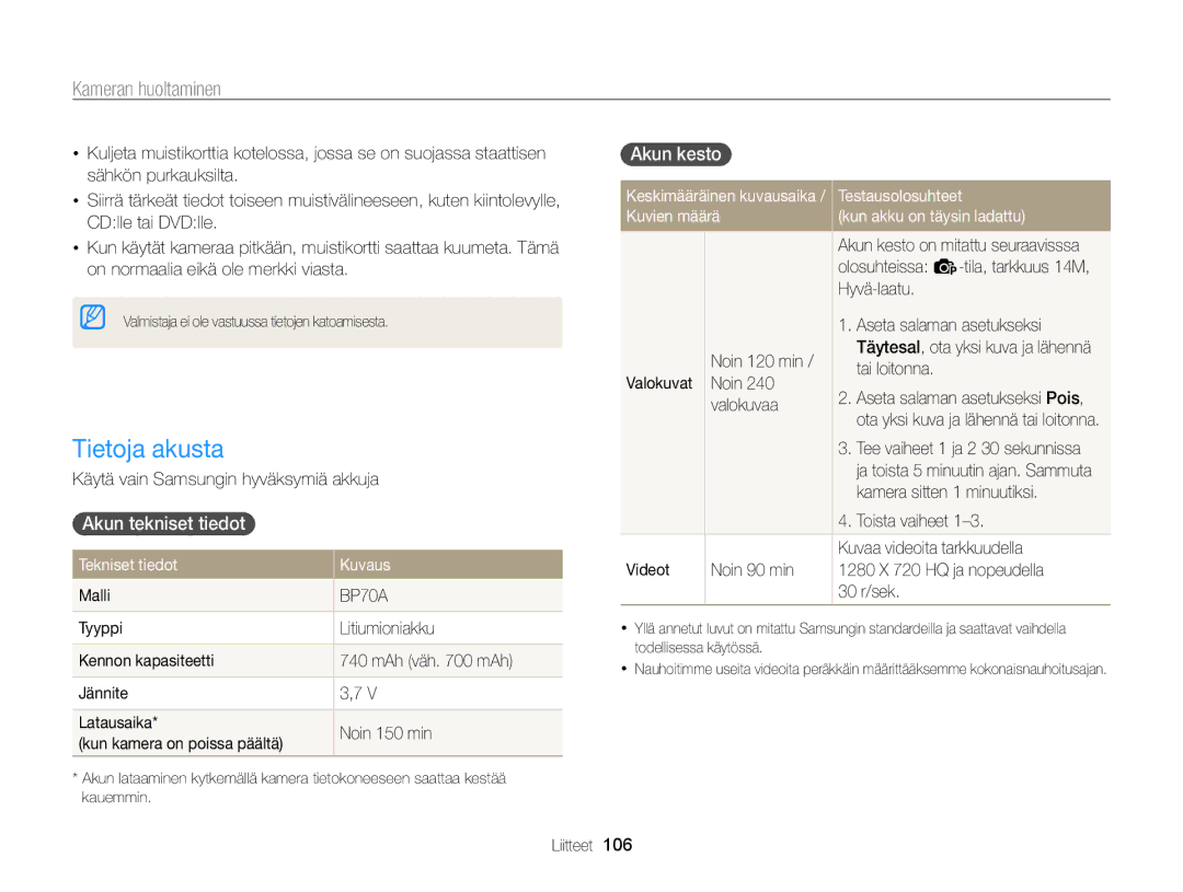 Samsung EC-PL120ZBPLE2, EC-PL120ZBPSE2, EC-PL20ZZBPSE2, EC-PL210ZBPPE2 manual Tietoja akusta, Akun tekniset tiedot, Akun kesto 