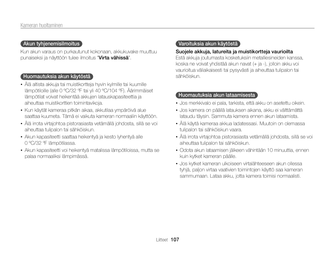 Samsung EC-PL120ZFPSE2, EC-PL120ZBPSE2 manual Akun tyhjenemisilmoitus, Huomautuksia akun käytöstä, Varoituksia akun käytöstä 