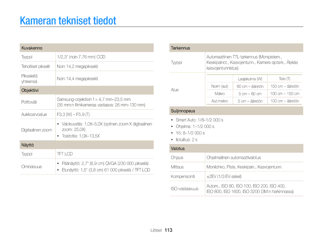 Samsung EC-PL120ZFPBE2, EC-PL120ZBPSE2, EC-PL20ZZBPSE2, EC-PL210ZBPPE2, EC-PL120ZBPLE2, EC-PL120ZFPSE2 Kameran tekniset tiedot 