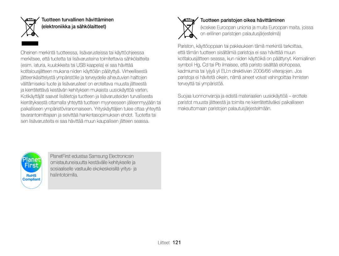 Samsung EC-PL210ZBPBE2, EC-PL120ZBPSE2, EC-PL20ZZBPSE2, EC-PL210ZBPPE2, EC-PL120ZBPLE2 Tuotteen paristojen oikea hävittäminen 