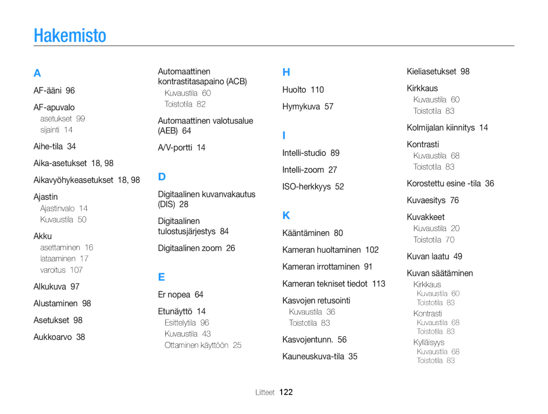 Samsung EC-PL20ZZBPPE2, EC-PL120ZBPSE2, EC-PL20ZZBPSE2, EC-PL210ZBPPE2, EC-PL120ZBPLE2, EC-PL120ZFPSE2 manual Hakemisto 