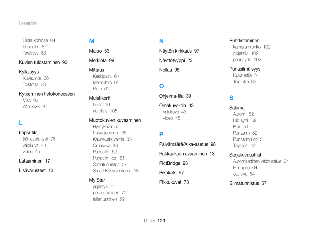 Samsung EC-PL20ZZBPBE2, EC-PL120ZBPSE2, EC-PL20ZZBPSE2, EC-PL210ZBPPE2, EC-PL120ZBPLE2, EC-PL120ZFPSE2 manual Hakemisto 