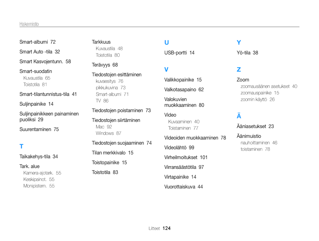 Samsung EC-PL120ZFPLE2 manual Kamera-ajotark Keskipainot Monipistem, Kuvaesitys 76 pikkukuvina 73 Smart-albumi 71 TV 