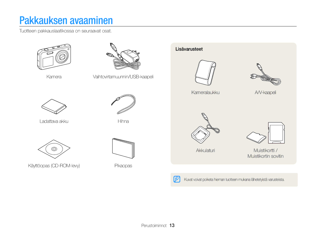 Samsung EC-PL20ZZBPSE2, EC-PL120ZBPSE2 manual Pakkauksen avaaminen, Akkulaturi, Käyttöopas CD-ROM-levy, Perustoiminnot 