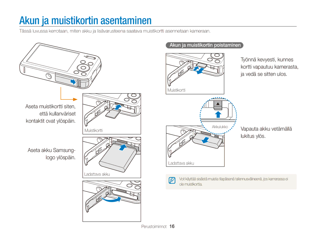 Samsung EC-PL120ZFPSE2, EC-PL120ZBPSE2 Akun ja muistikortin asentaminen, Lukitus ylös, Akun ja muistikortin poistaminen  