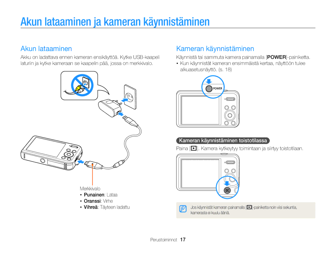 Samsung EC-PL210ZBPBE2, EC-PL120ZBPSE2, EC-PL20ZZBPSE2 Akun lataaminen ja kameran käynnistäminen, Kameran käynnistäminen 