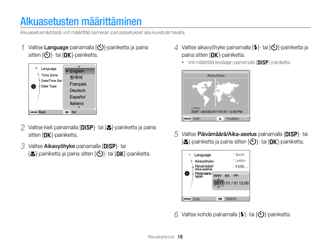 Samsung EC-PL20ZZBPPE2, EC-PL120ZBPSE2 manual Alkuasetusten määrittäminen, Valitse kohde painamalla F- tai t-painiketta 