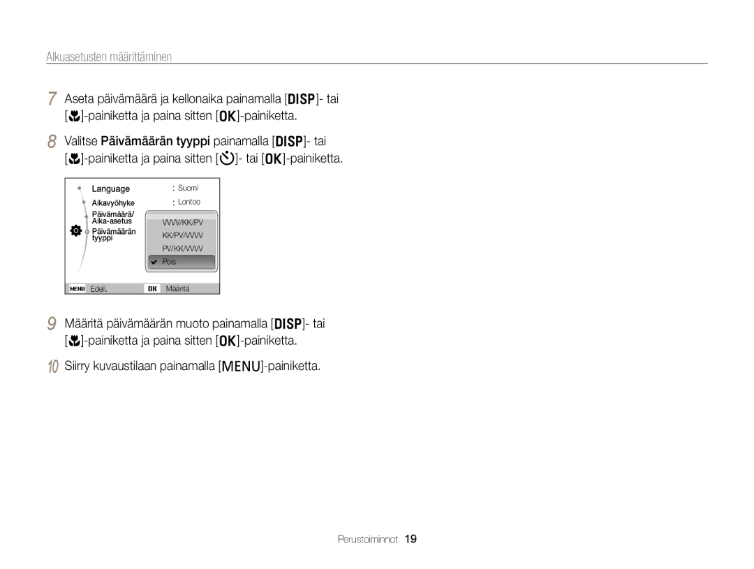 Samsung EC-PL20ZZBPBE2, EC-PL120ZBPSE2, EC-PL20ZZBPSE2, EC-PL210ZBPPE2, EC-PL120ZBPLE2 manual Alkuasetusten määrittäminen 