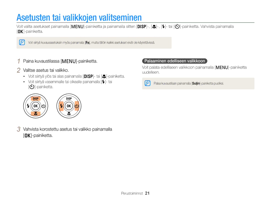 Samsung EC-PL120ZBPPE2 Asetusten tai valikkojen valitseminen, Valitse asetus tai valikko, Palaaminen edelliseen valikkoon 