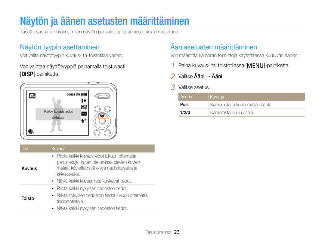 Samsung EC-PL120ZBPBE2 Näytön ja äänen asetusten määrittäminen, Näytön tyypin asettaminen, Ääniasetusten määrittäminen 