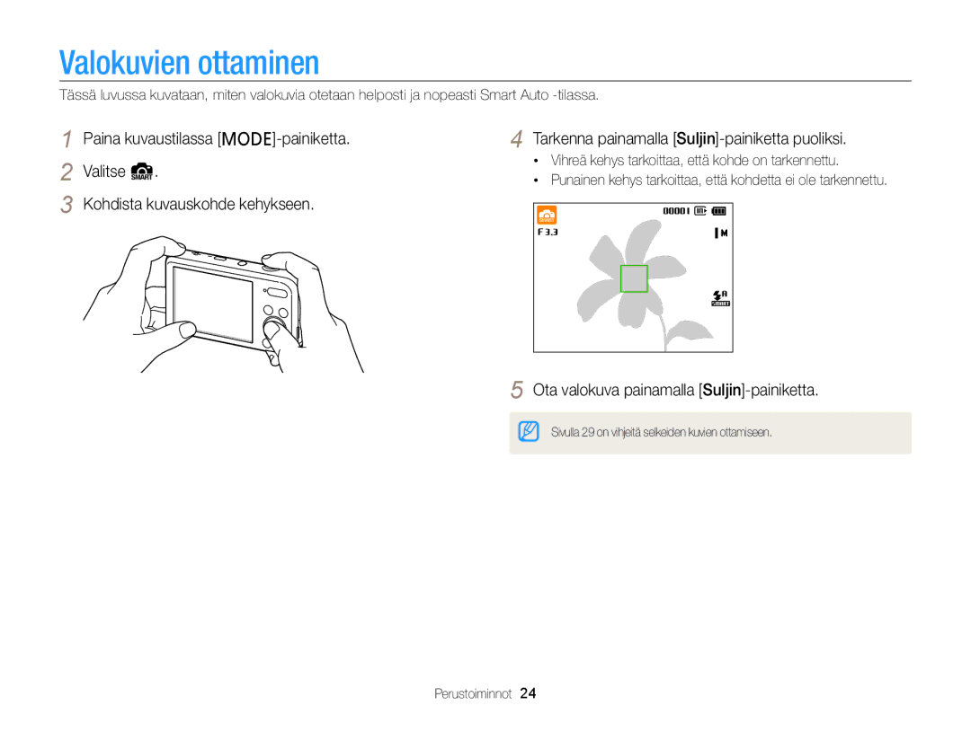 Samsung EC-PL20ZZBPRE2, EC-PL120ZBPSE2, EC-PL20ZZBPSE2 manual Valokuvien ottaminen, Ota valokuva painamalla Suljin-painiketta 