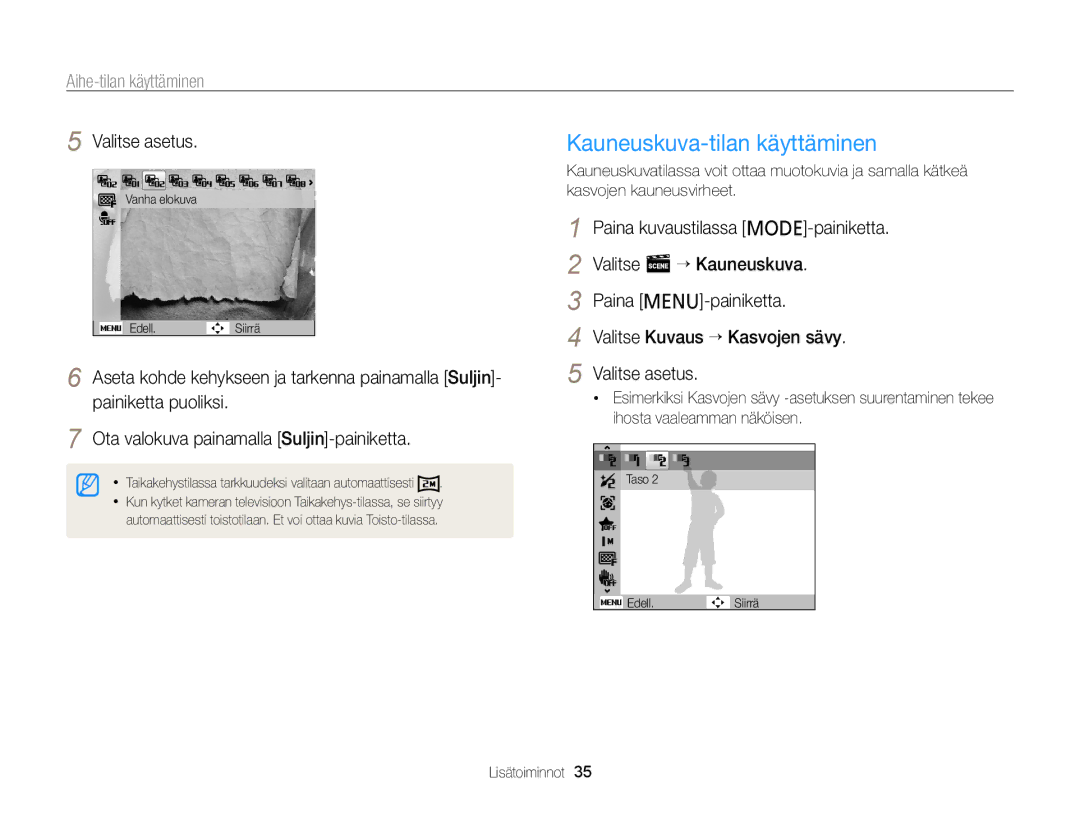 Samsung EC-PL120ZFPBE2, EC-PL120ZBPSE2, EC-PL20ZZBPSE2, EC-PL210ZBPPE2 Kauneuskuva-tilan käyttäminen, Aihe-tilan käyttäminen 