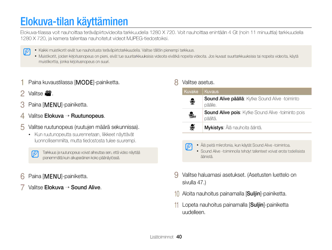 Samsung EC-PL210ZBPPE2, EC-PL120ZBPSE2, EC-PL20ZZBPSE2, EC-PL120ZBPLE2 manual Elokuva-tilan käyttäminen, Kuvake Kuvaus 