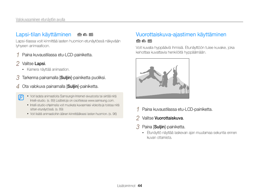 Samsung EC-PL20ZZBPPE2, EC-PL120ZBPSE2, EC-PL20ZZBPSE2 Lapsi-tilan käyttäminen S p s, Vuorottaiskuva-ajastimen käyttäminen 