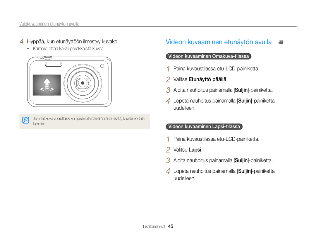 Samsung EC-PL20ZZBPBE2, EC-PL120ZBPSE2 manual Videon kuvaaminen etunäytön avulla, Videon kuvaaminen Omakuva-tilassa 