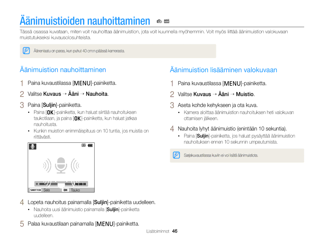 Samsung EC-PL120ZFPLE2 Äänimuistioiden nauhoittaminen p s, Äänimuistion nauhoittaminen, Äänimuistion lisääminen valokuvaan 