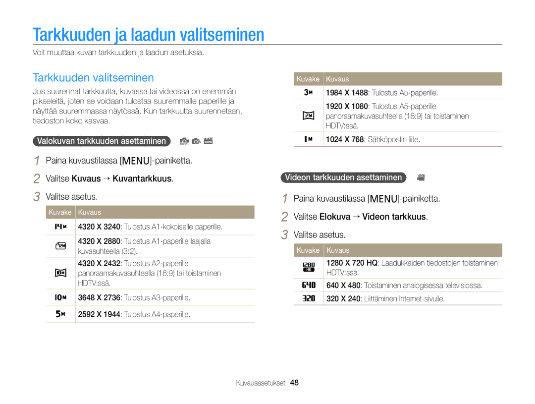 Samsung EC-PL120ZFPBE2 manual Tarkkuuden ja laadun valitseminen, Tarkkuuden valitseminen, Valokuvan tarkkuuden asettaminen 