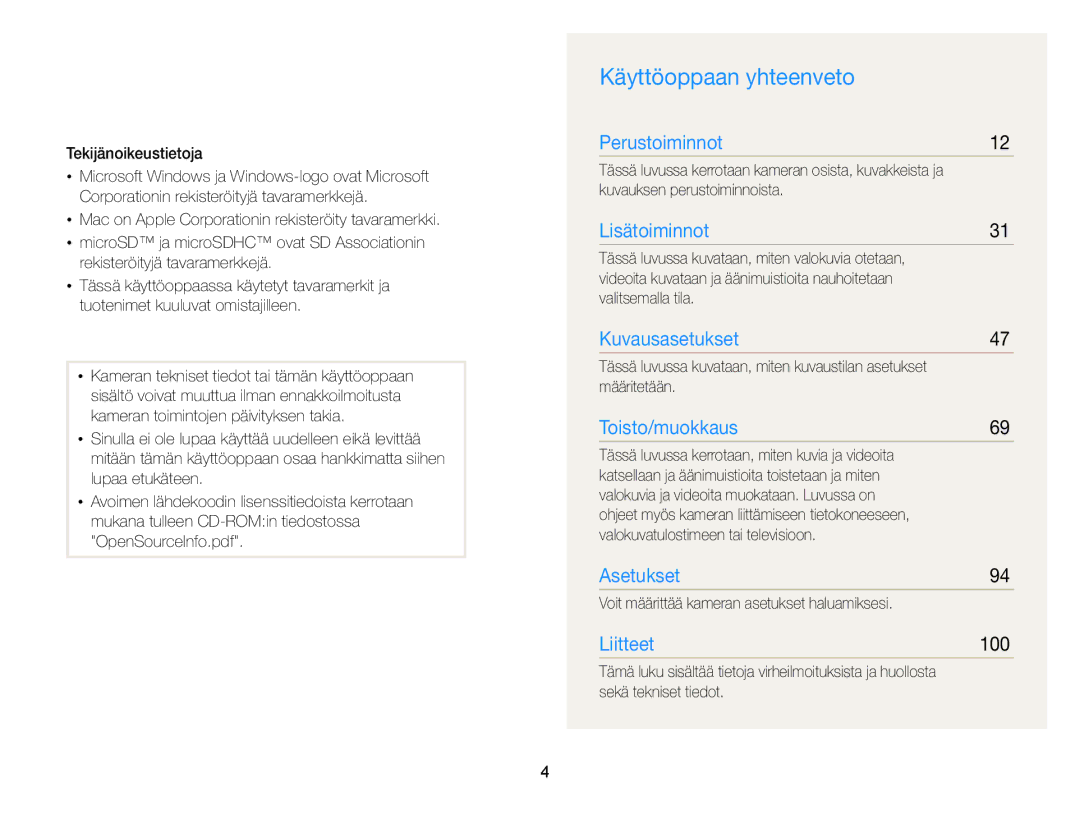 Samsung EC-PL210ZBPBE2, EC-PL120ZBPSE2, EC-PL20ZZBPSE2, EC-PL210ZBPPE2, EC-PL120ZBPLE2 manual Käyttöoppaan yhteenveto, 100 