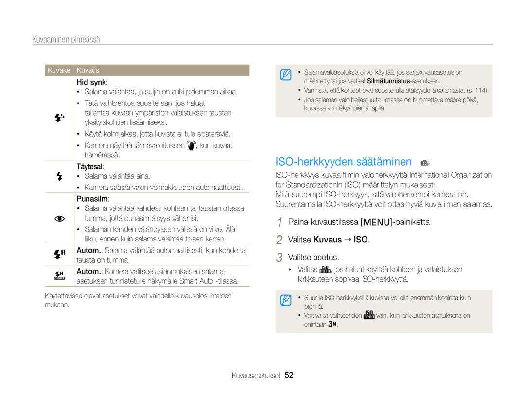 Samsung EC-PL20ZZBPSE2, EC-PL120ZBPSE2, EC-PL210ZBPPE2, EC-PL120ZBPLE2 manual ISO-herkkyyden säätäminen p, Kuvaaminen pimeässä 