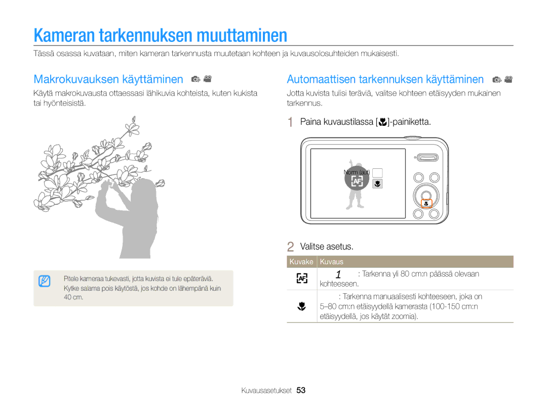 Samsung EC-PL210ZBPPE2, EC-PL120ZBPSE2, EC-PL20ZZBPSE2 Kameran tarkennuksen muuttaminen, Paina kuvaustilassa c-painiketta 